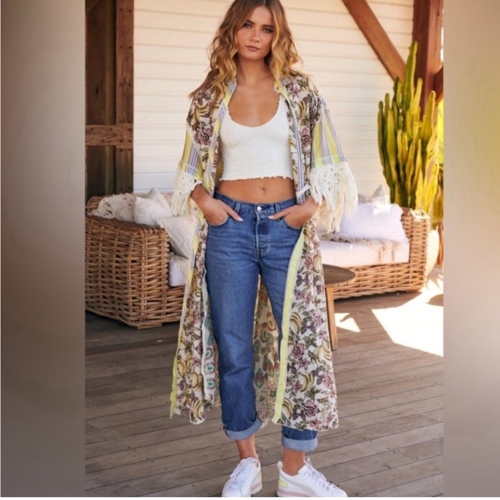 FREE PEOPLE shirt Duster large Watching Waves Maxi Aquamarine Combo NEW with Tag